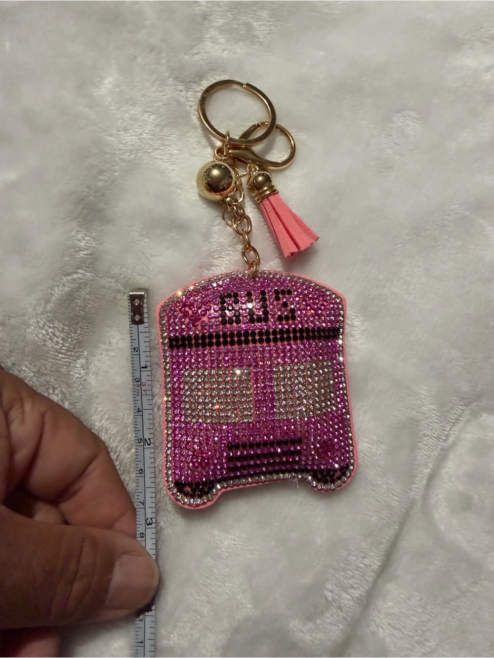 Plushy Pink Rhinestone Bus Keychain Charm with Tassel